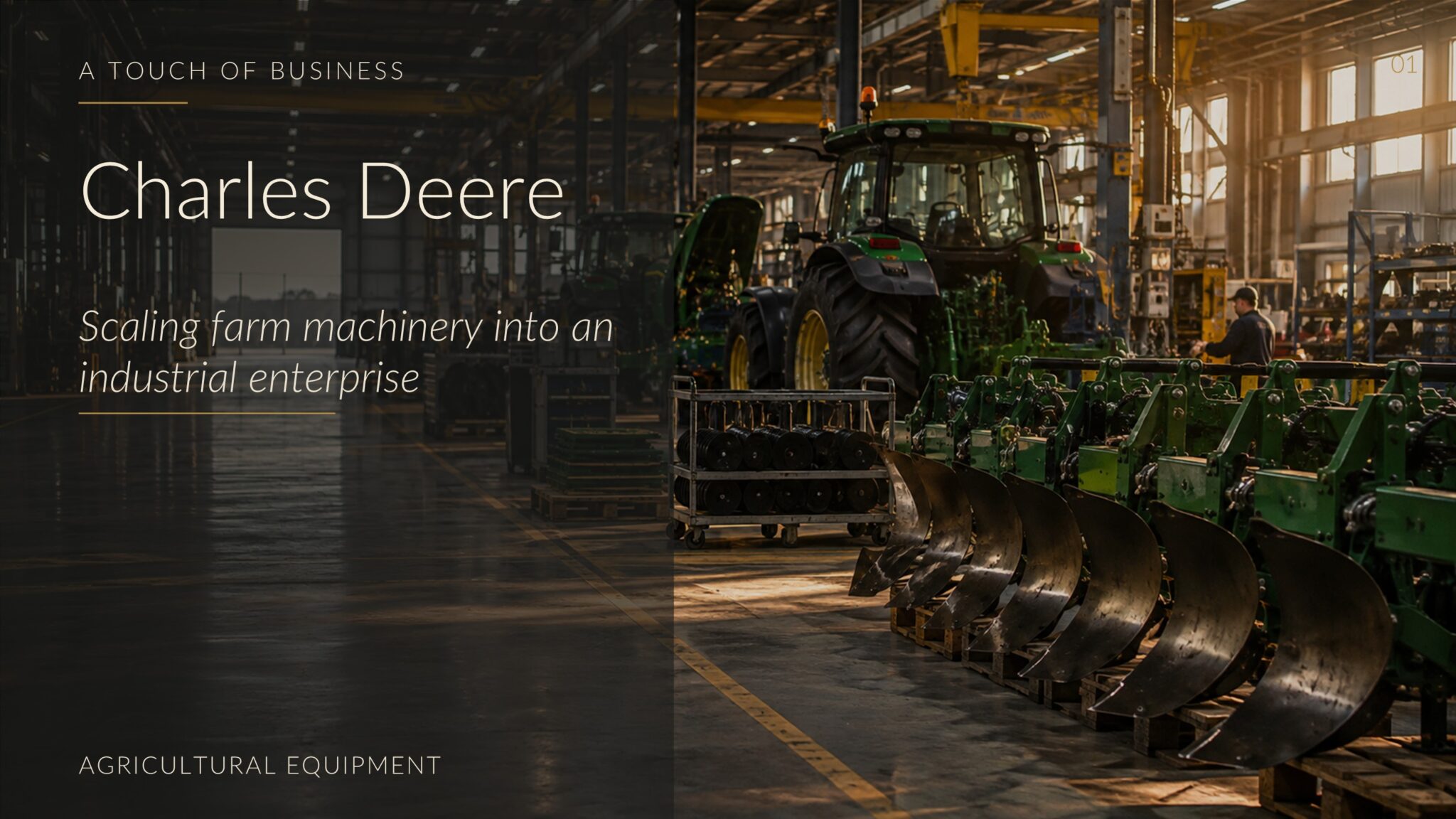Cinematic factory floor with tractors, plow blades, and agricultural equipment under warm industrial light.