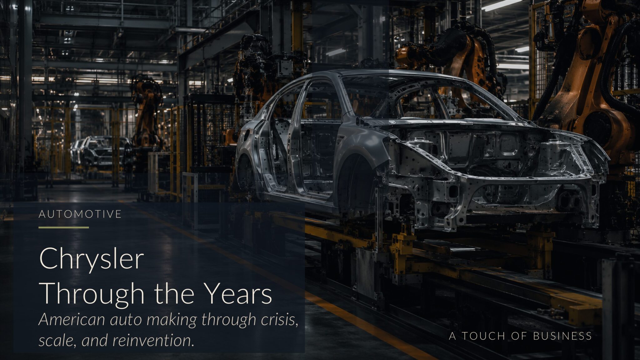 Automotive assembly plant with a sedan body shell and robotic manufacturing equipment.