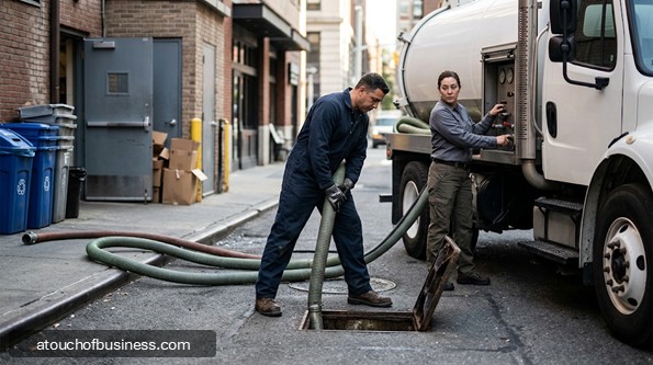 Two workers clean grease traps with vacuum hoses in an alley.