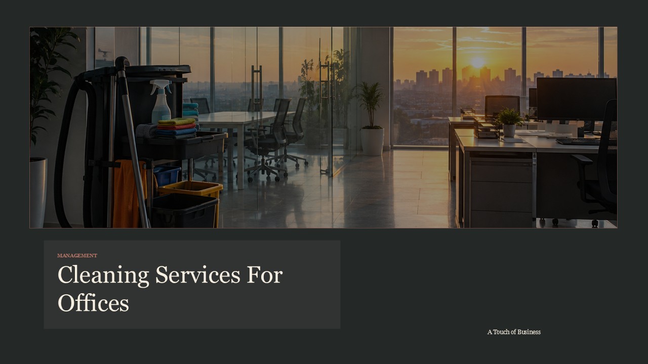 Realistic cinematic image of a clean modern office with a cleaning trolley, glass meeting room, and sunrise skyline for a management article.