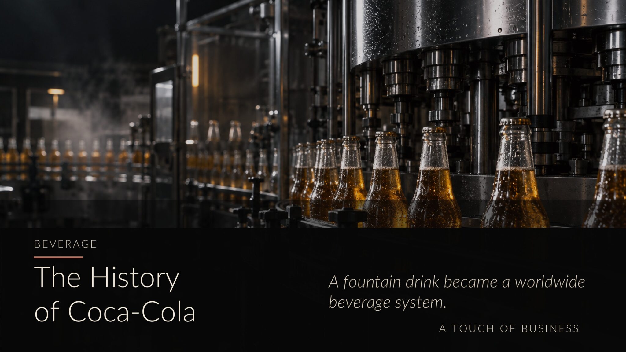 Dark beverage bottling line with amber-filled glass bottles moving through factory machinery.