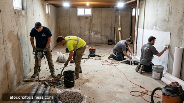 A construction crew works to waterproof an unfinished concrete basement.