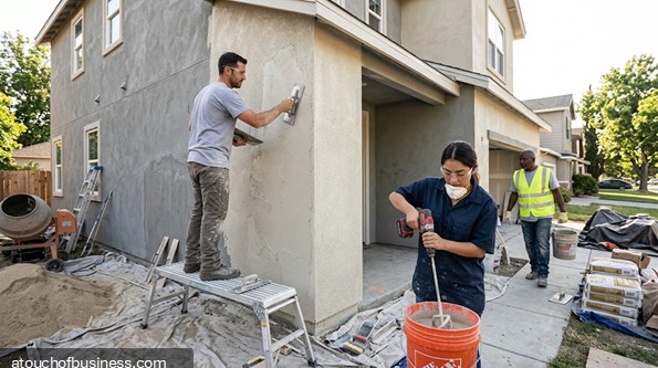 Construction workers apply stucco finish to the exterior wall of a residential house.