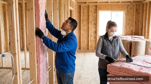 Two construction workers install pink fiberglass insulation batts in a wooden frame house.