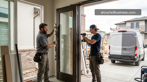 Two contractors use tools to install a large glass-panel door in a house.