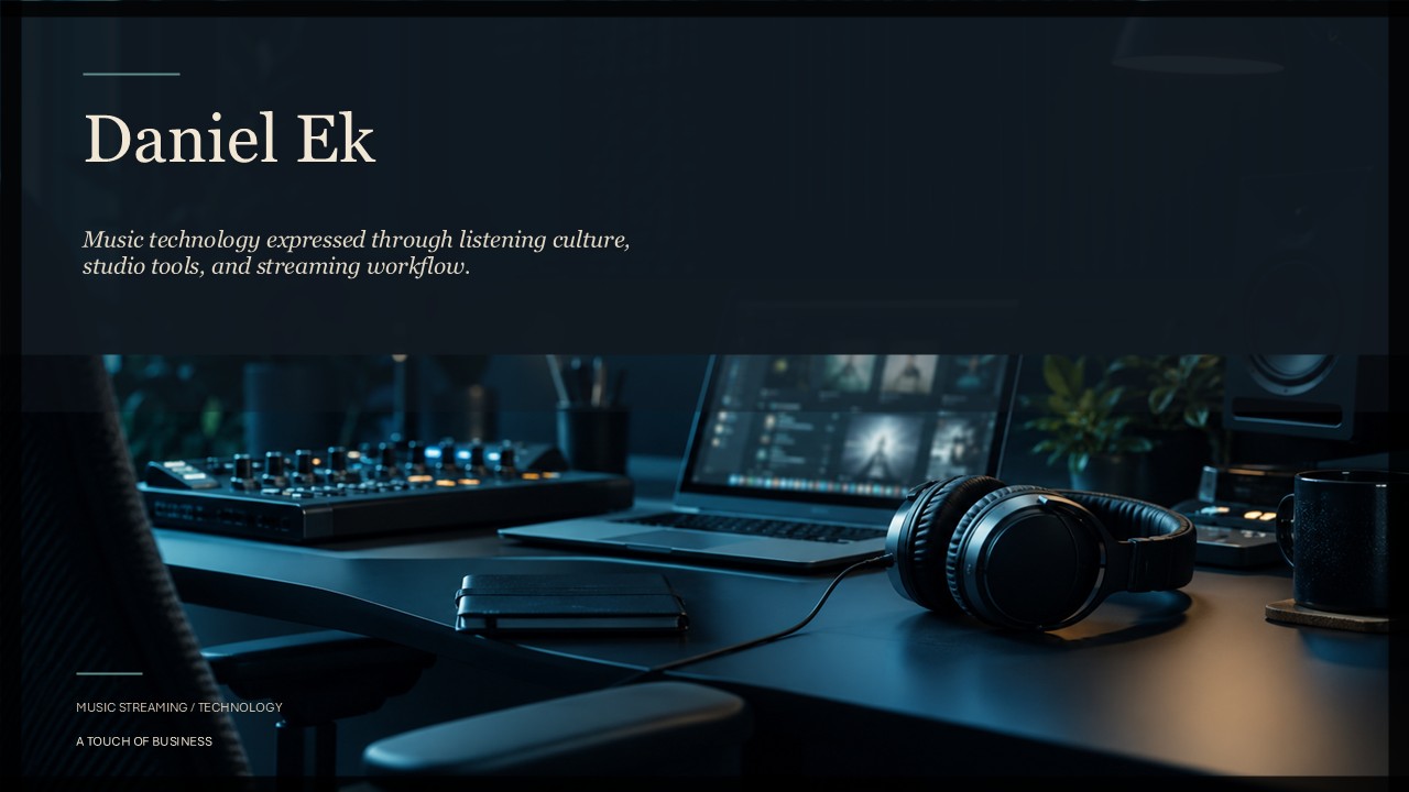 Moody recording studio workspace with headphones, audio mixer, laptop, and speaker