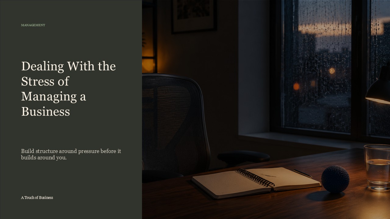 Realistic cinematic image of a quiet rainy office desk with a lamp, open notebook, stress ball, and city window for a management article.