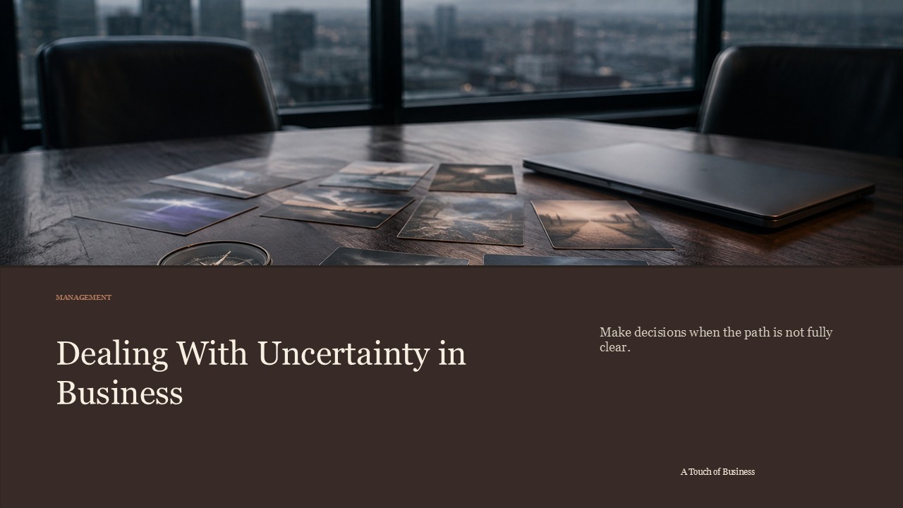Realistic cinematic image of a stormy boardroom table with weather prints, a compass, laptop, and heavy clouds for a management article.
