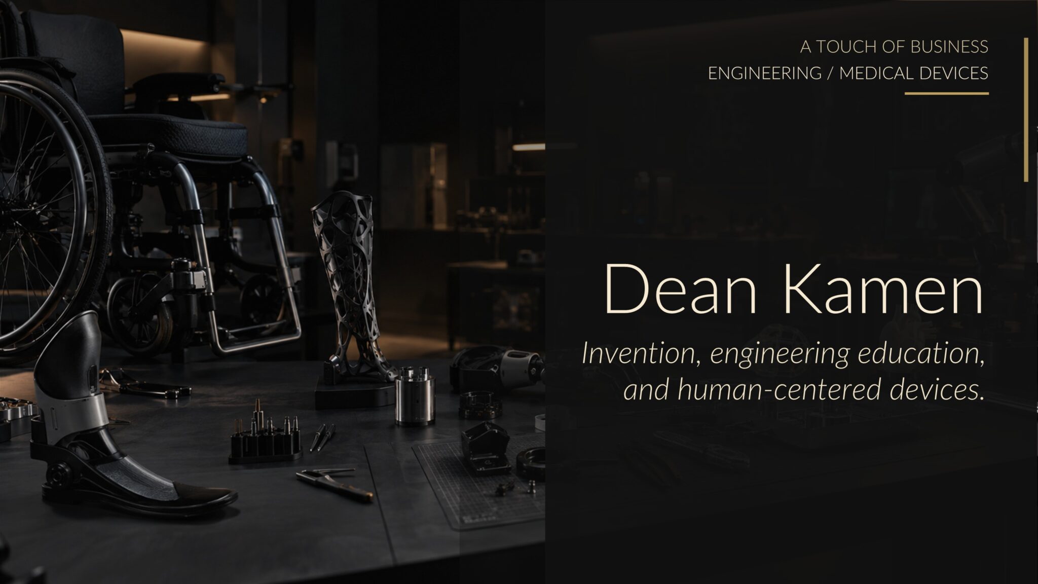 Dark engineering lab with prosthetic and robotic components, precision tools, and medical device equipment.