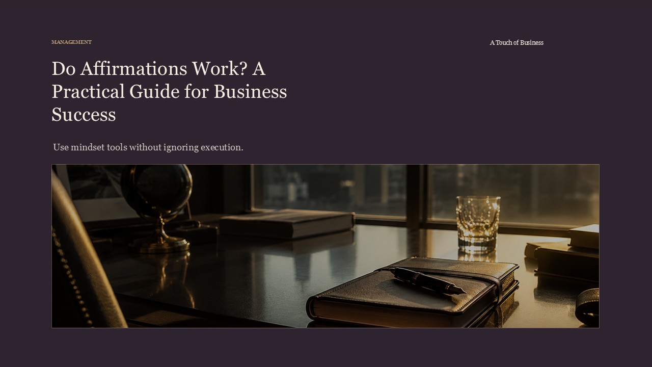 Realistic cinematic image of a warm executive desk with leather journal, pen, globe, and city skyline for a management article.