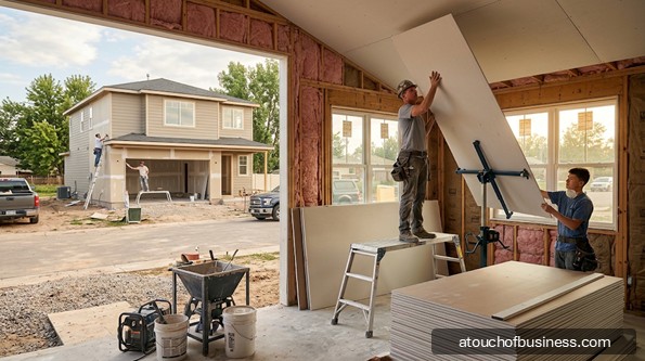 Workers install drywall panels inside and outside of a new house under construction.