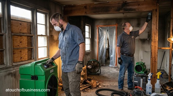 Two workers clean and inspect fire damage in a charred home interior.