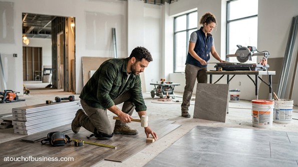 A man installs wood flooring while a woman cuts tiles on a wet saw.