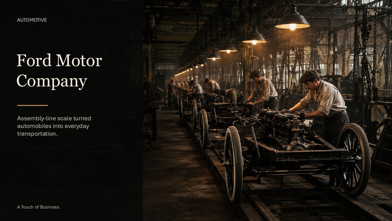 Early automobile assembly line with workers and unfinished chassis in a dim industrial factory.