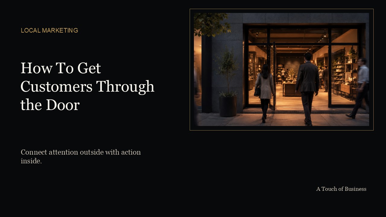 People approaching a warmly lit modern storefront at dusk.