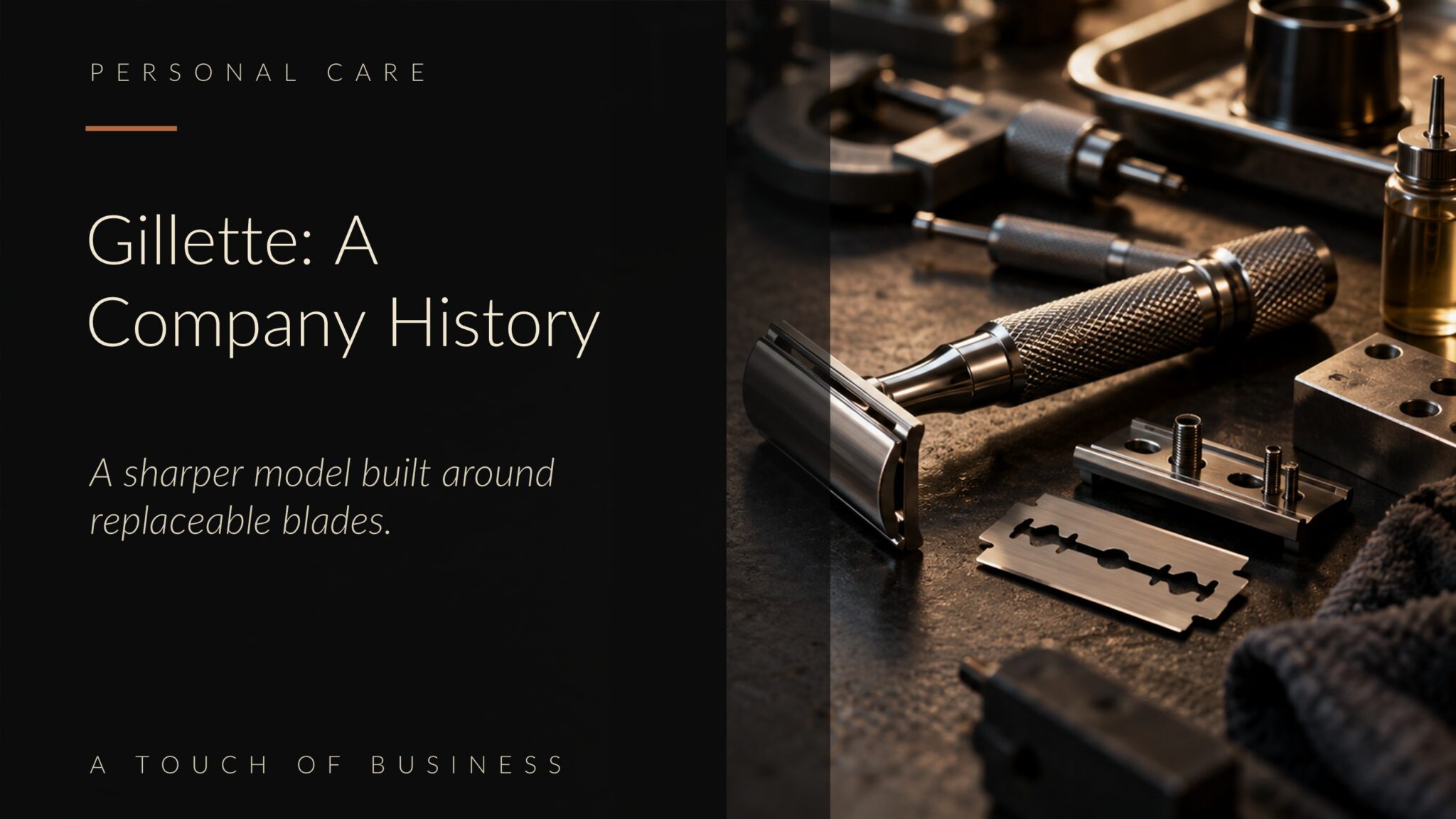 Safety razor and metal blade components on a dark precision workbench.