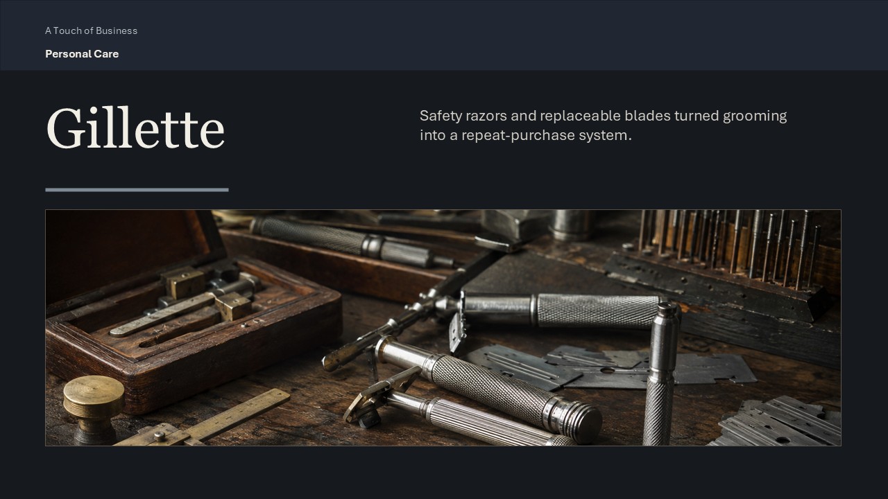 Vintage workbench with safety razor parts, metal handles, measuring tools, and blade components.
