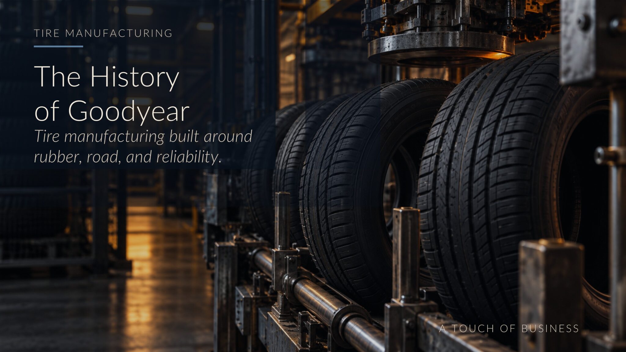 Cinematic tire factory with black tires moving along industrial rollers and machinery.