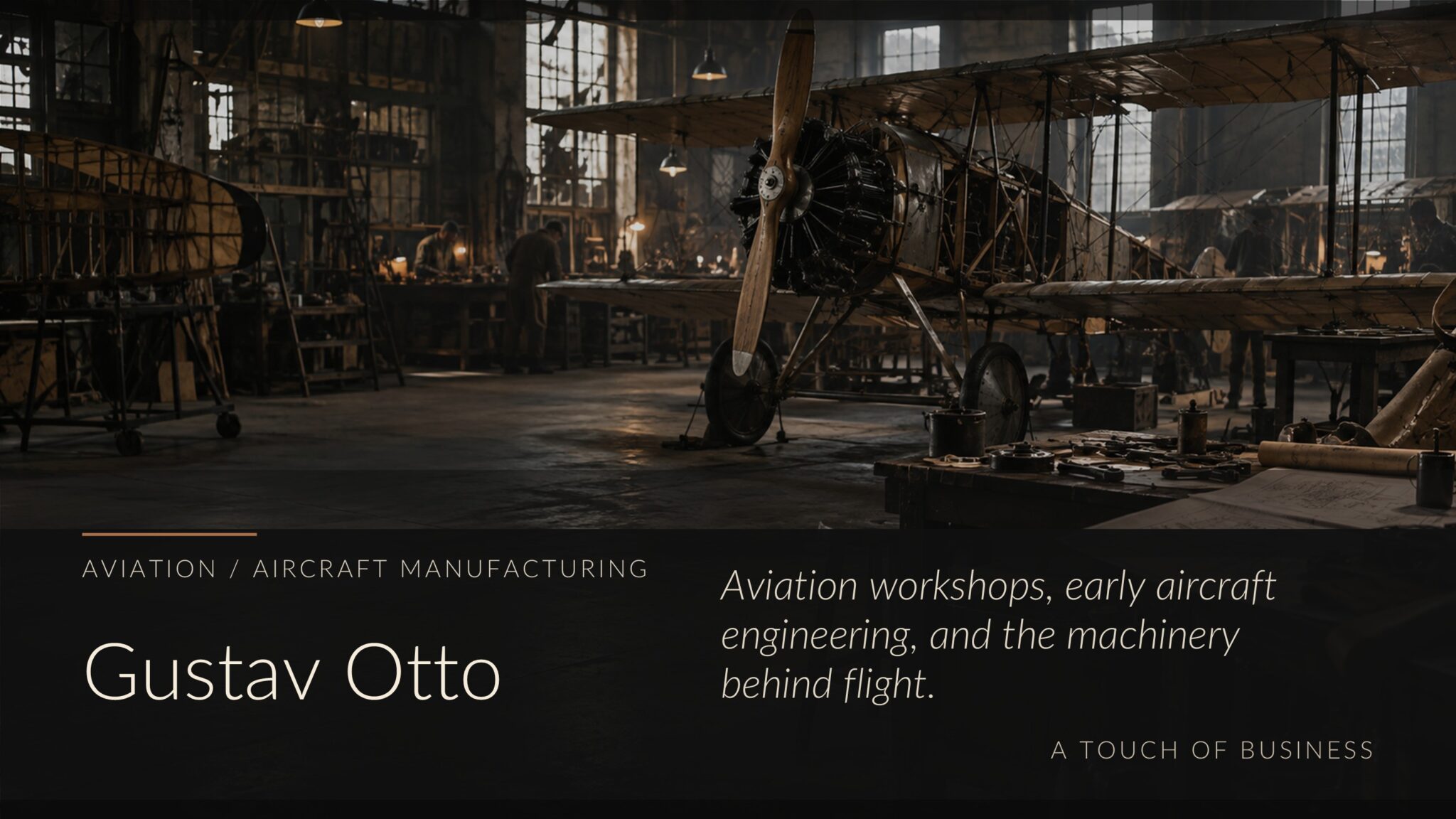 Dusty vintage aircraft workshop with a biplane under construction, tools, benches, and warm industrial light.