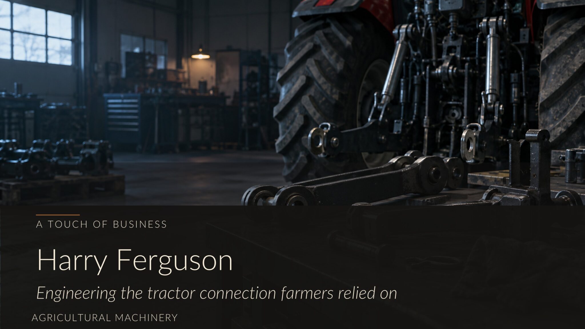 Moody workshop scene with tractor hitch parts on a metal bench and a tractor in the background.