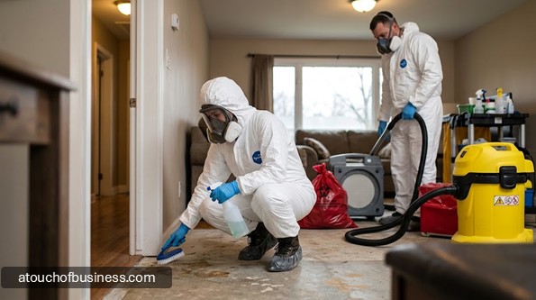Biohazard cleanup workers in protective gear scrub a stained floor in a residential room.