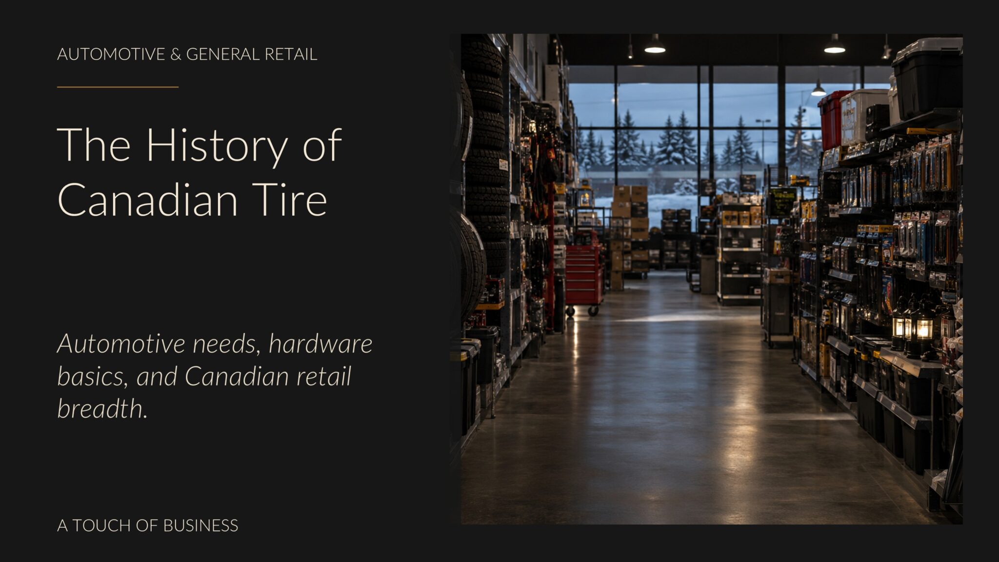 Moody automotive and hardware aisle with tires, tools, winter supplies, and snowy windows.