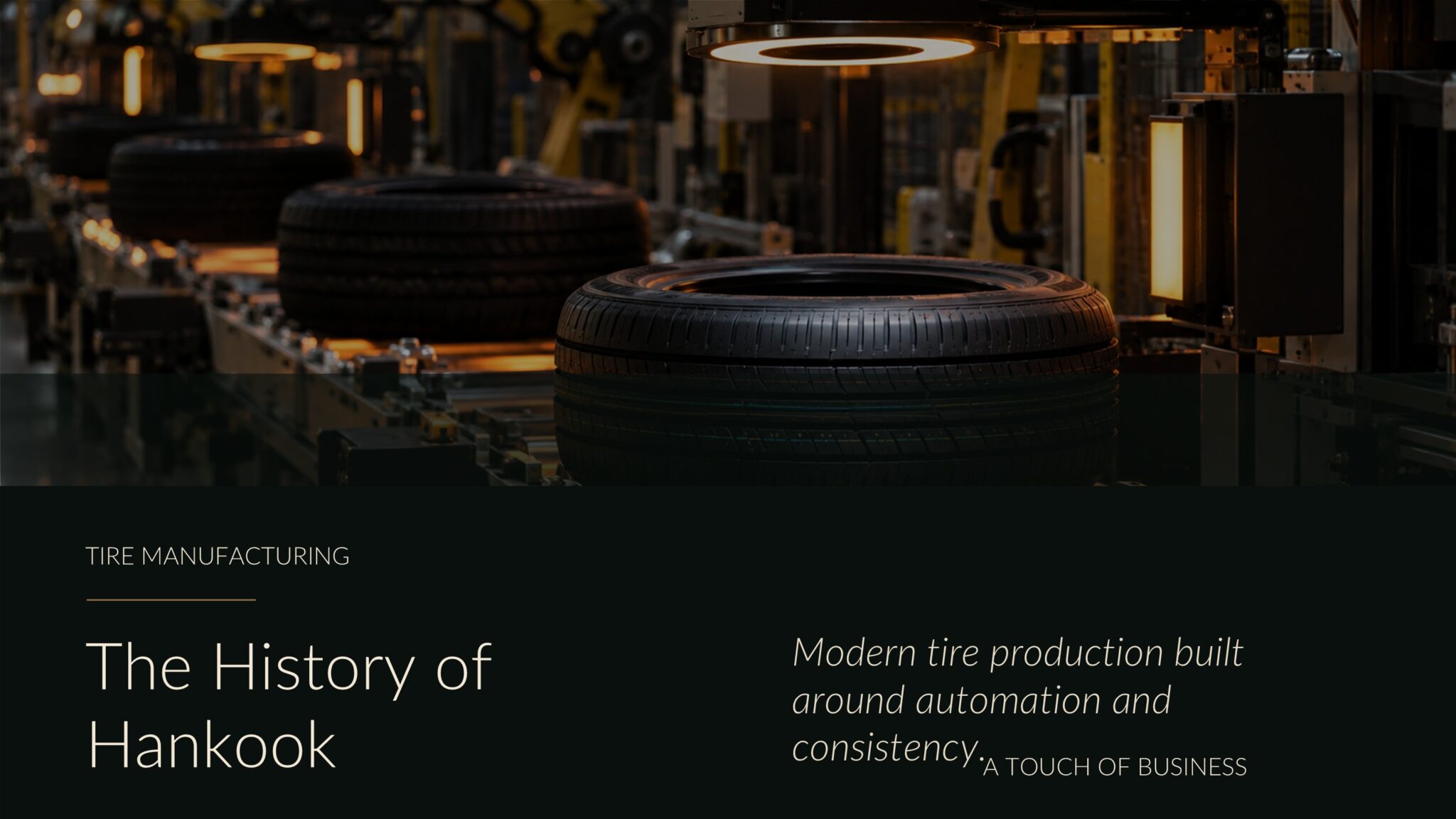 Automated tire inspection line with robotic machinery and warm industrial lighting.