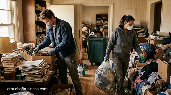 Two masked workers clearing a room heavily cluttered with items.