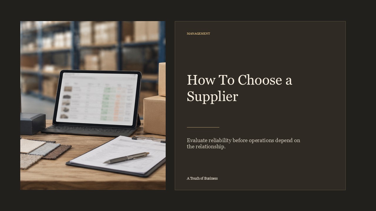 Realistic cinematic image of a warehouse office table with sample materials, boxes, tablet, clipboard, and pen for a management article.