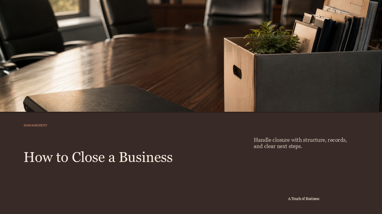 Realistic cinematic image of an office conference table with a packing box, folders, keys, and closed binder for a management article.