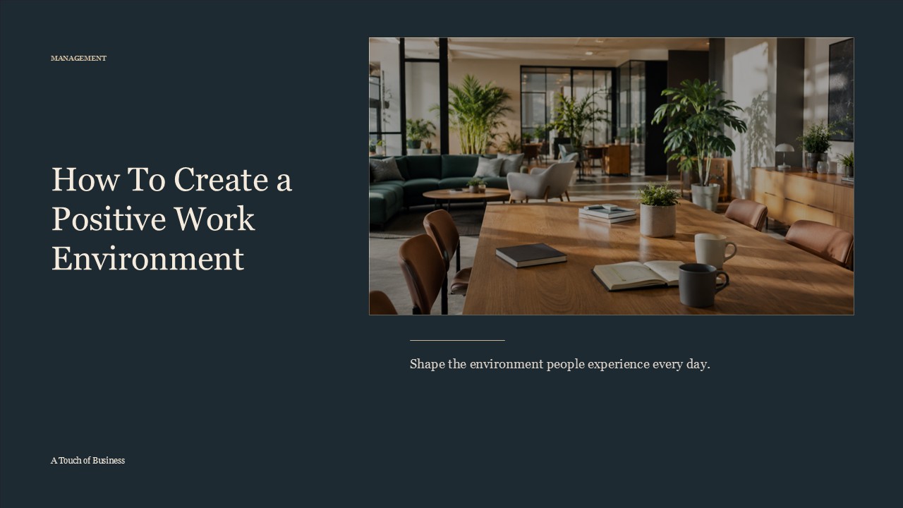 Realistic cinematic image of a bright coworking lounge with a large wooden table, chairs, plants, and notebooks for a management article.