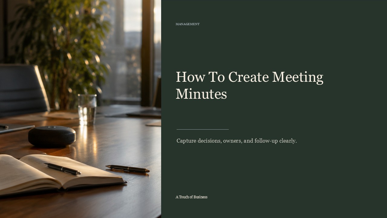 Realistic cinematic image of a warm empty conference room table with notebooks, water glasses, and soft sunlight for a management article.