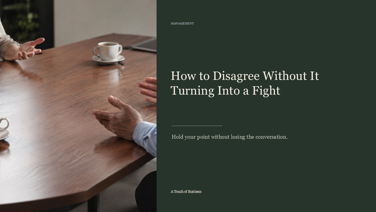 Realistic cinematic image of a close meeting conversation with hands, mugs, notebook, and wooden table for a management article.