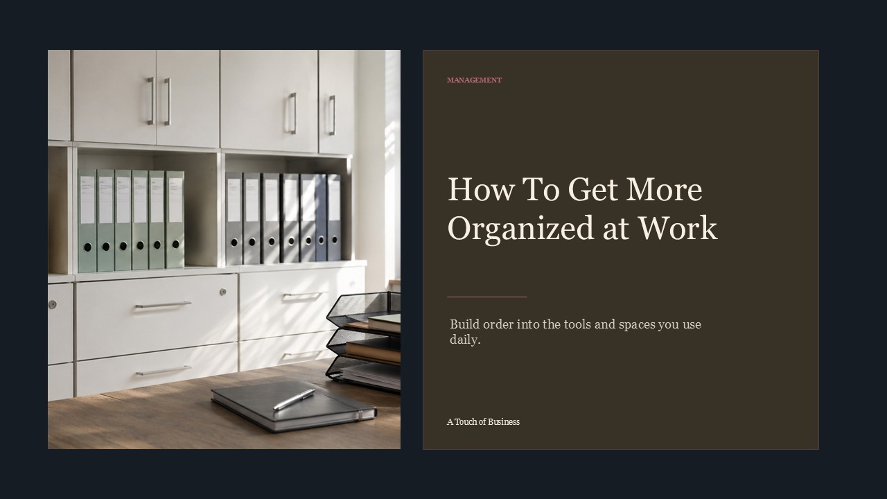 Realistic cinematic image of a clean file-cabinet office with binders, document trays, and sunlight for a management article.