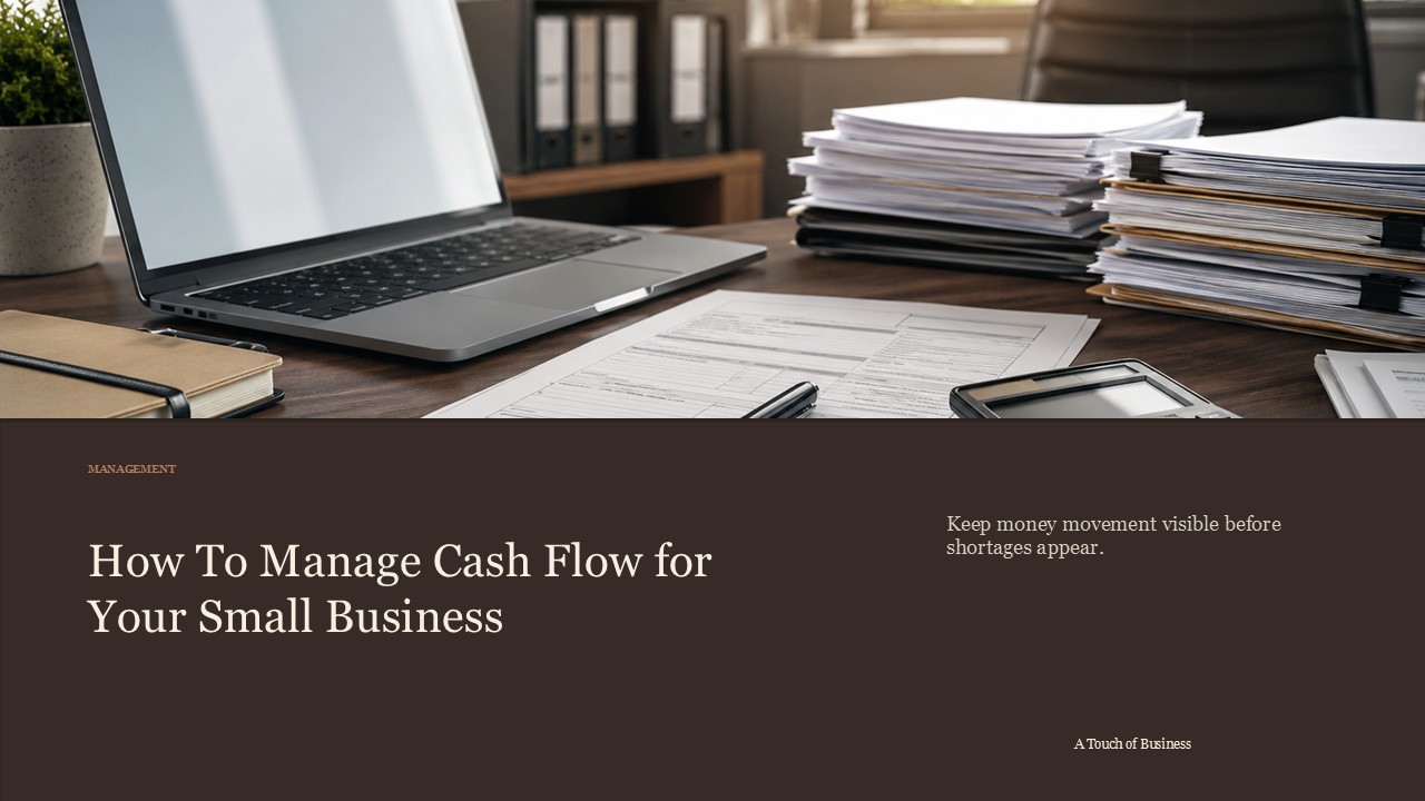 Realistic cinematic image of a sunlit finance desk with laptop, calculator, document stacks, and forms for a management article.