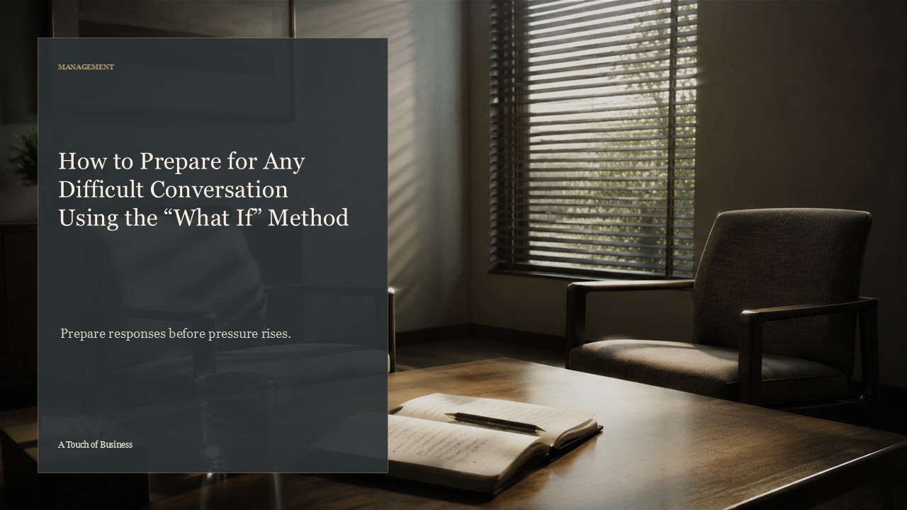 Realistic cinematic image of a quiet meeting room with two empty armchairs and a notebook on a table for a management article.
