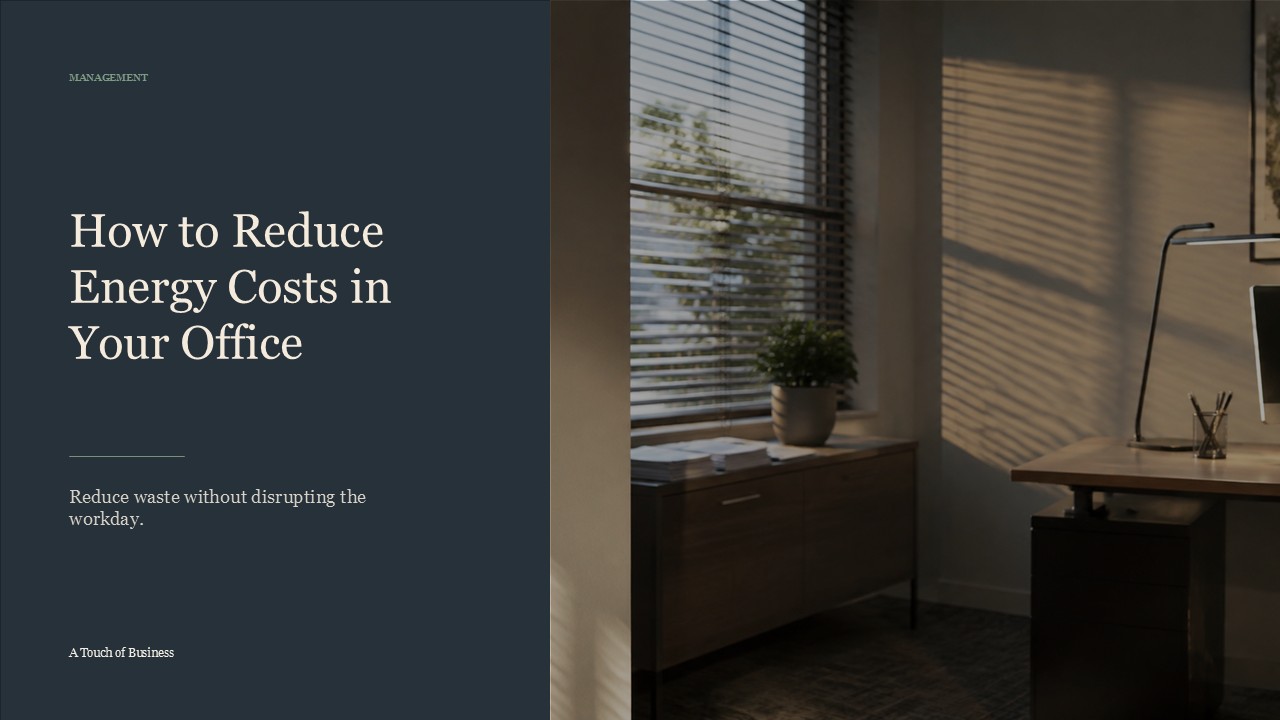 Realistic cinematic image of a modern office corner with a thermostat, desk, and window-blind shadows for a management article.