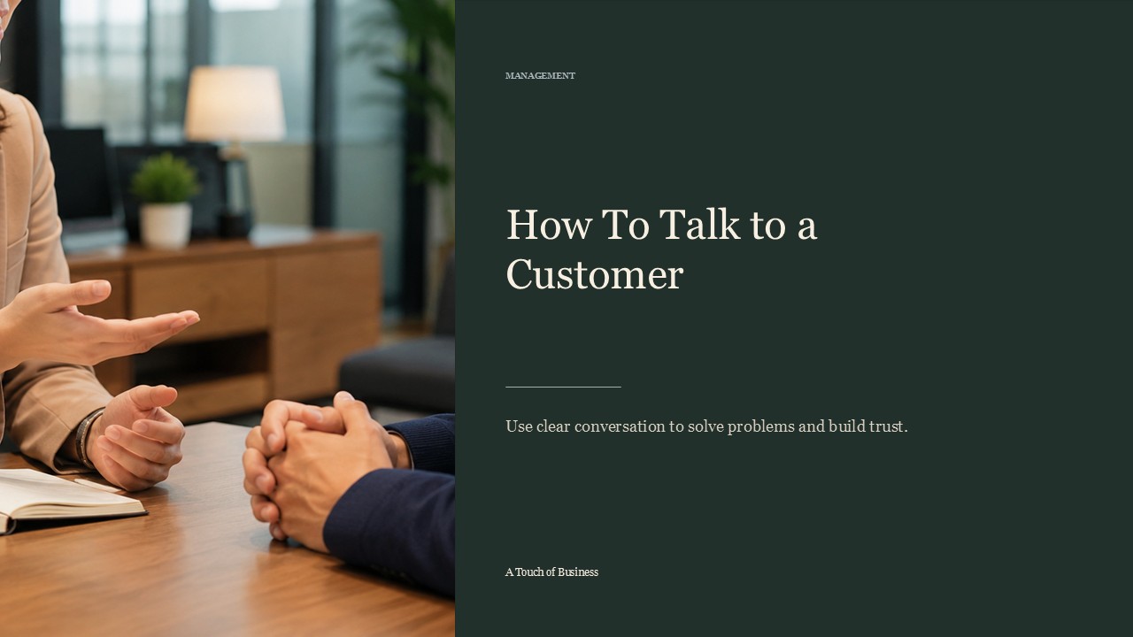 Realistic cinematic image of a warm customer conversation across a table with notebook, phone, and professional gestures for a management article.