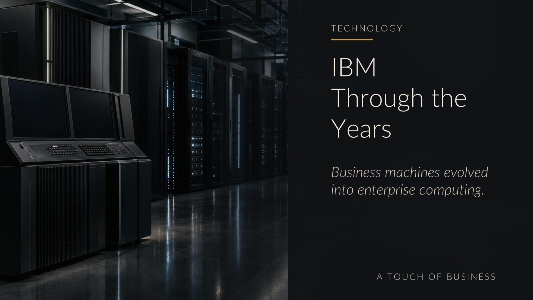 Sleek data center with server racks, a control console, and reflective floors.
