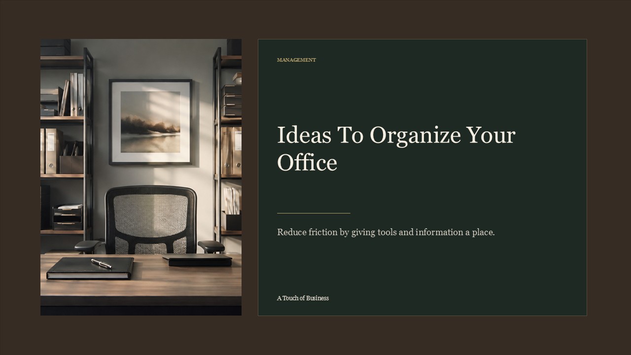 Realistic cinematic image of a neatly organized office with shelves, binders, trays, desk lamp, and plants for a management article.