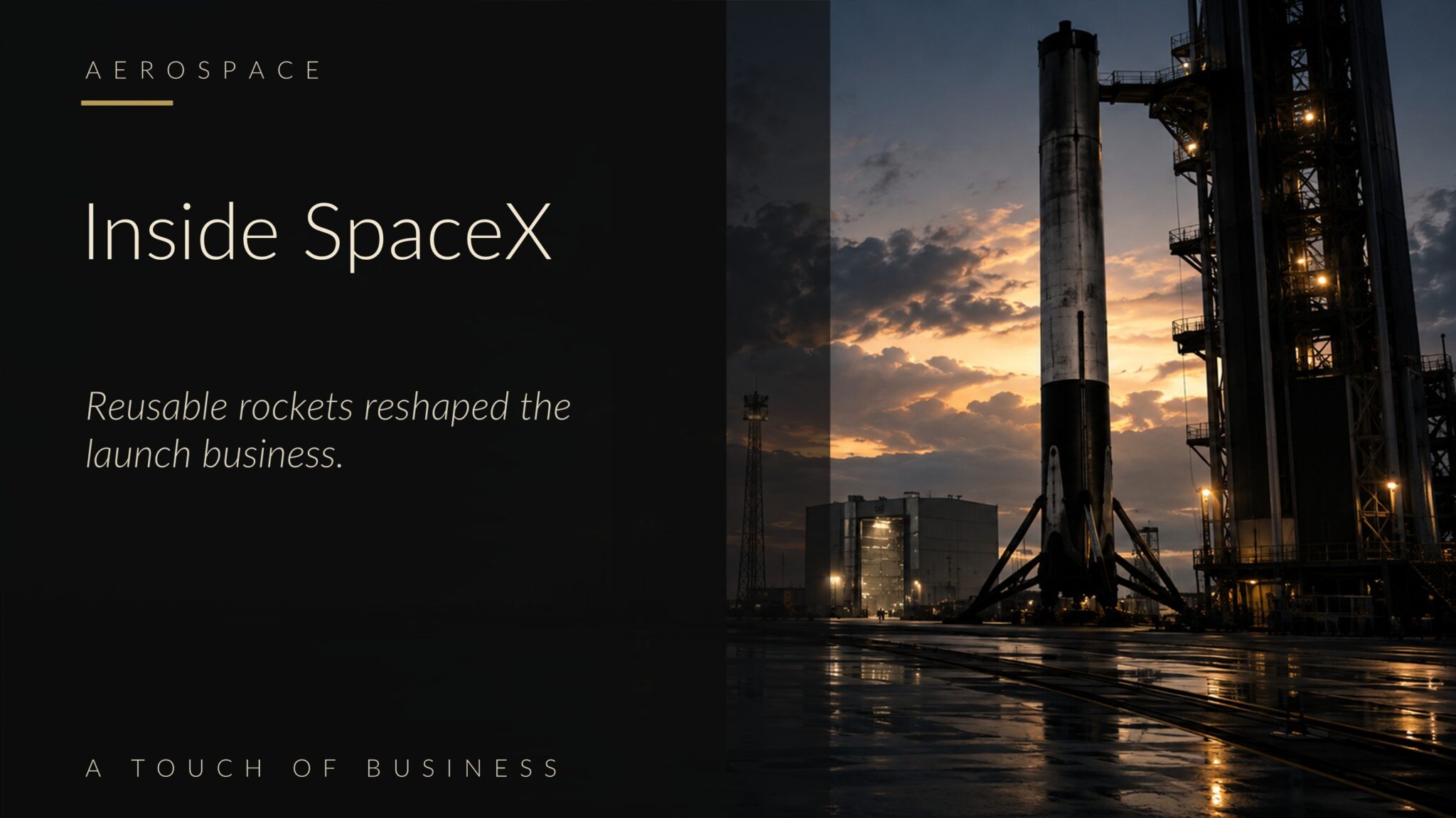 Reusable rocket booster standing beside a launch gantry at dusk on wet concrete.