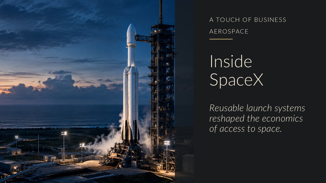 White rocket on a coastal launch pad at twilight with gantries, floodlights, and vapor.
