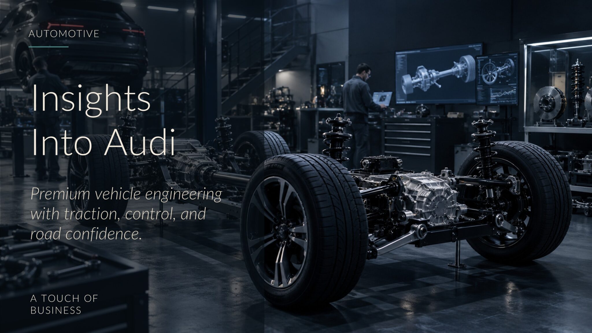 Automotive engineering lab with exposed drivetrain components and technicians in the background.
