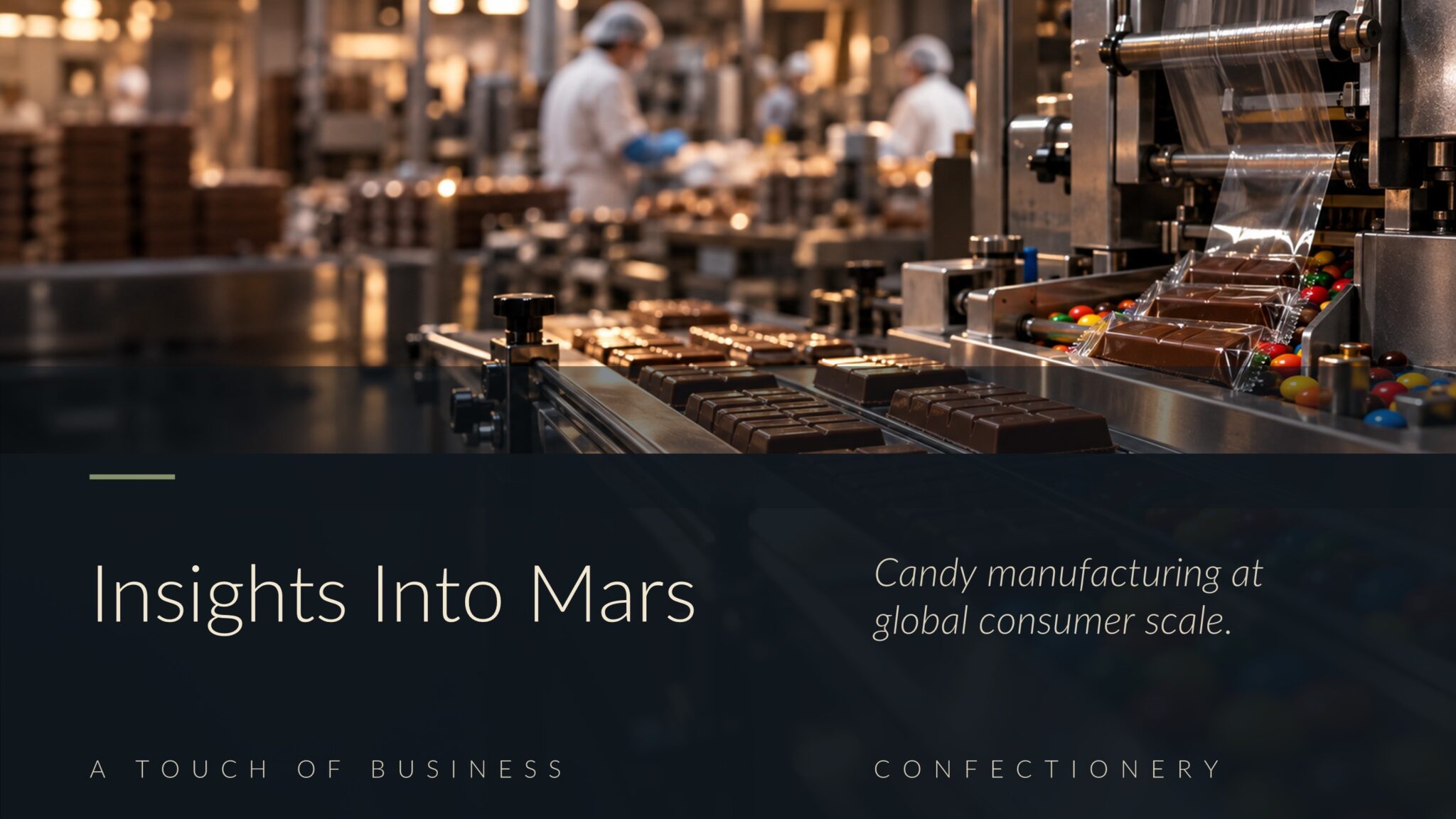 Chocolate bars and colorful candy pieces moving through factory wrapping equipment.