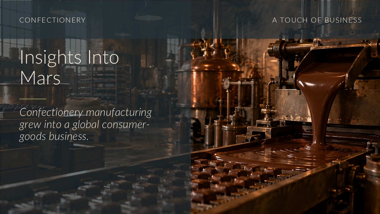 Chocolate production line with copper kettles, flowing chocolate, and rows of candies.