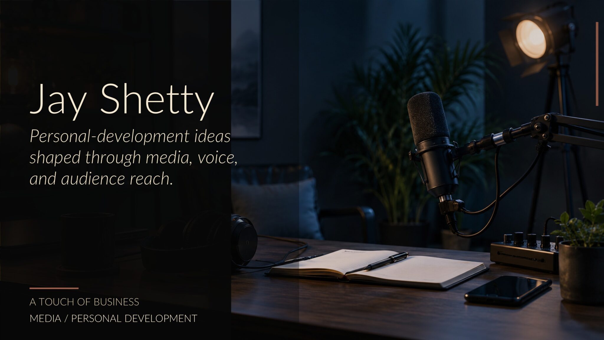 Moody creator studio with microphone, headphones, notebook, phone, and warm editorial lighting.