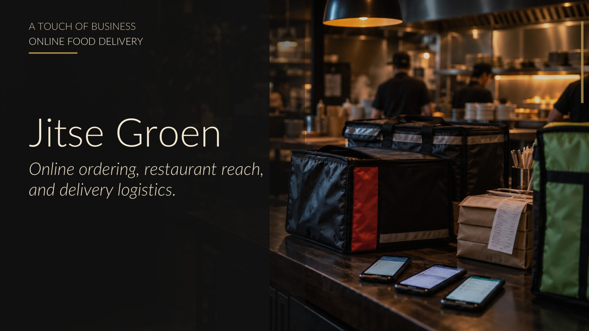 Cinematic restaurant pickup counter with delivery bags, order screens, and takeout packages.