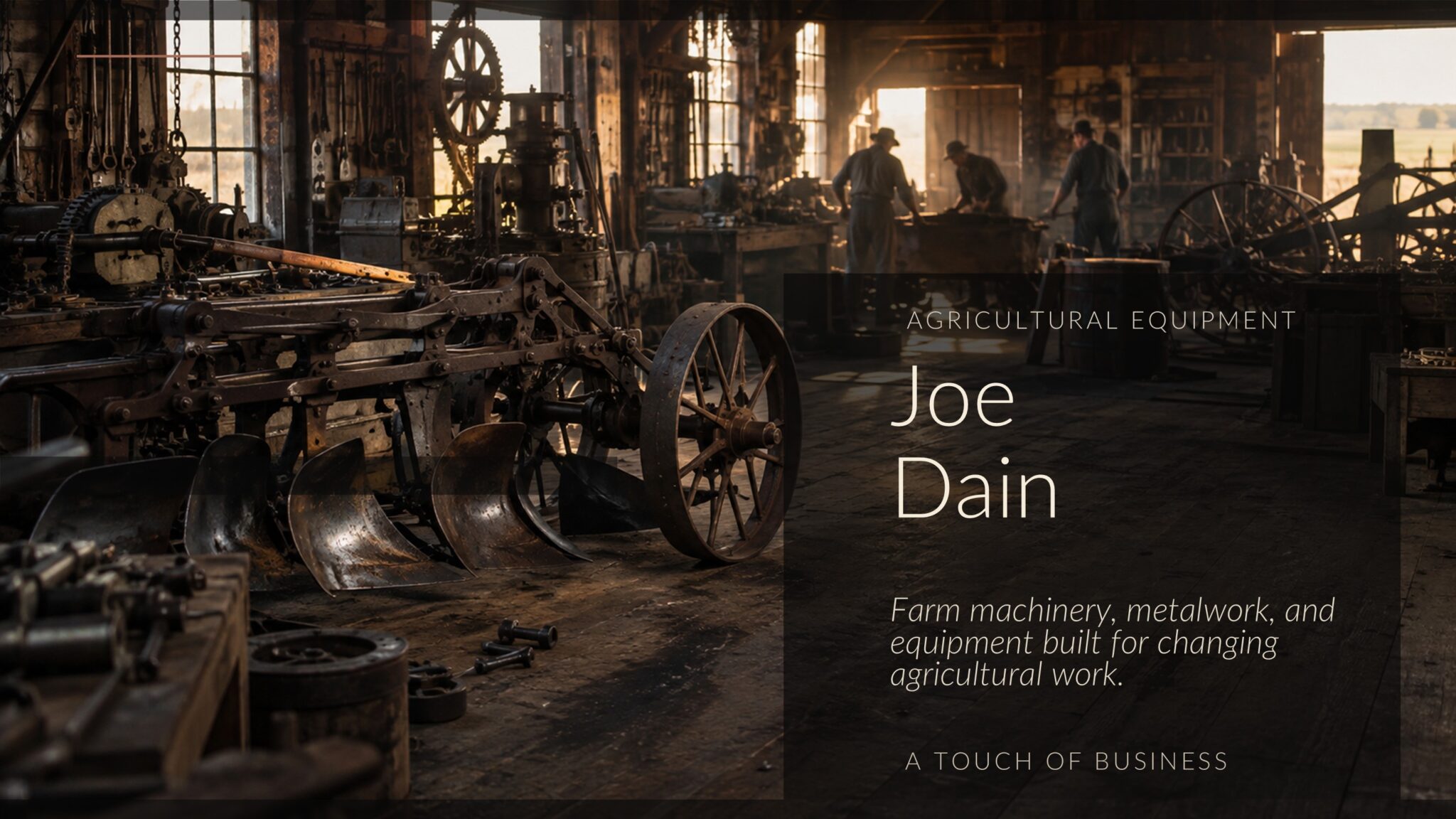 Old farm equipment workshop with metal plows, gears, barrels, tools, and three workers in dusty warm light.