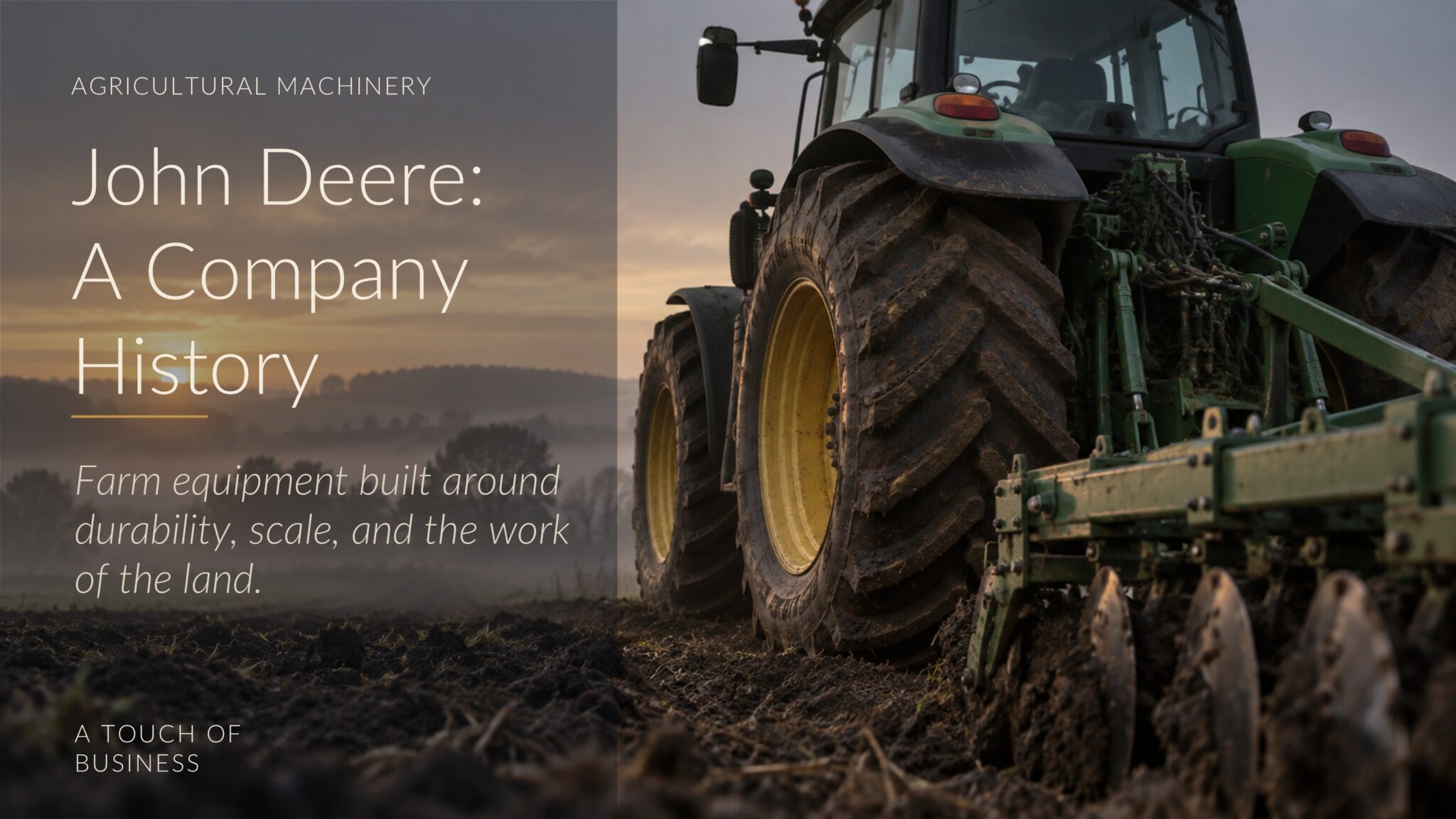 Large green tractor working a misty field at sunrise with rolling farmland behind it.