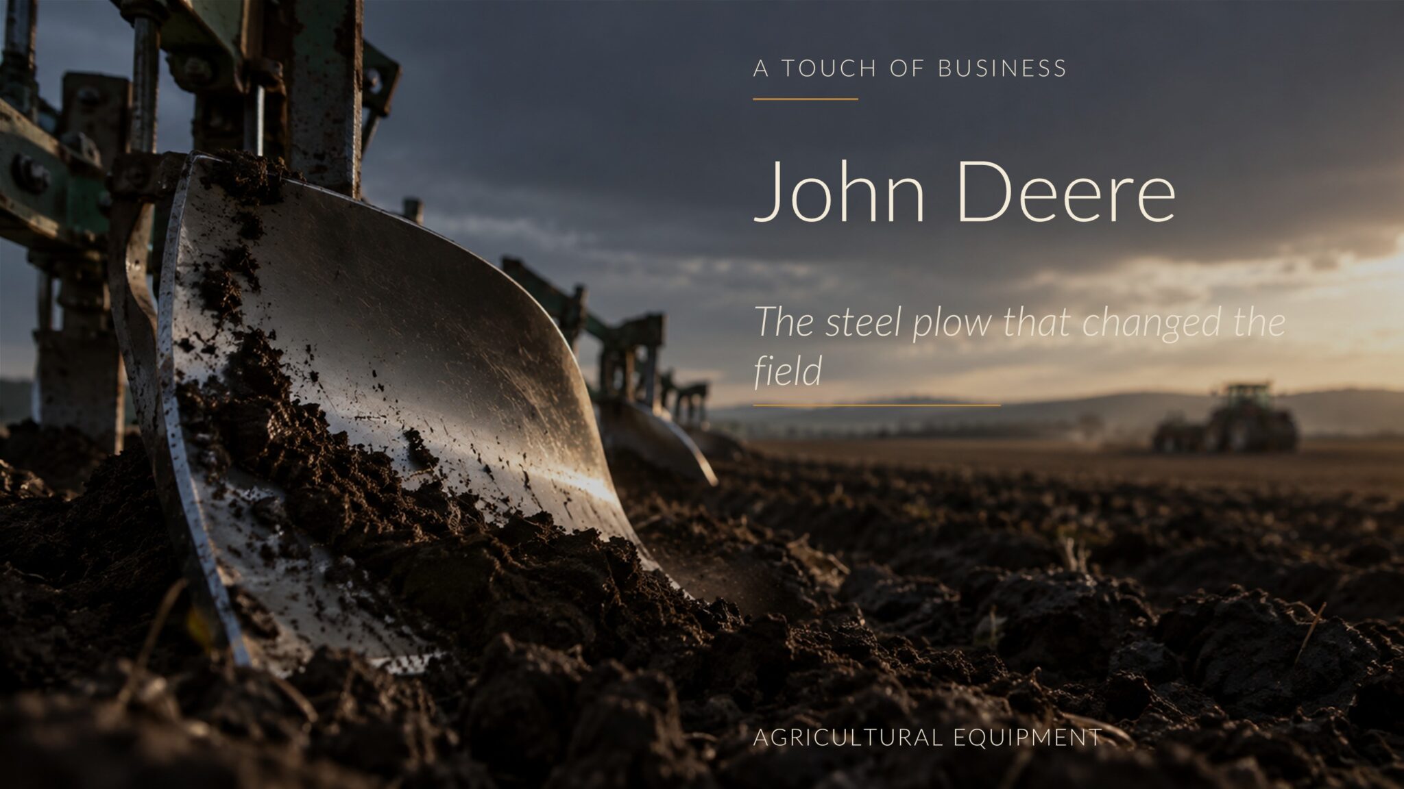 Close-up cinematic photograph of a steel plow blade cutting through dark soil at dusk.